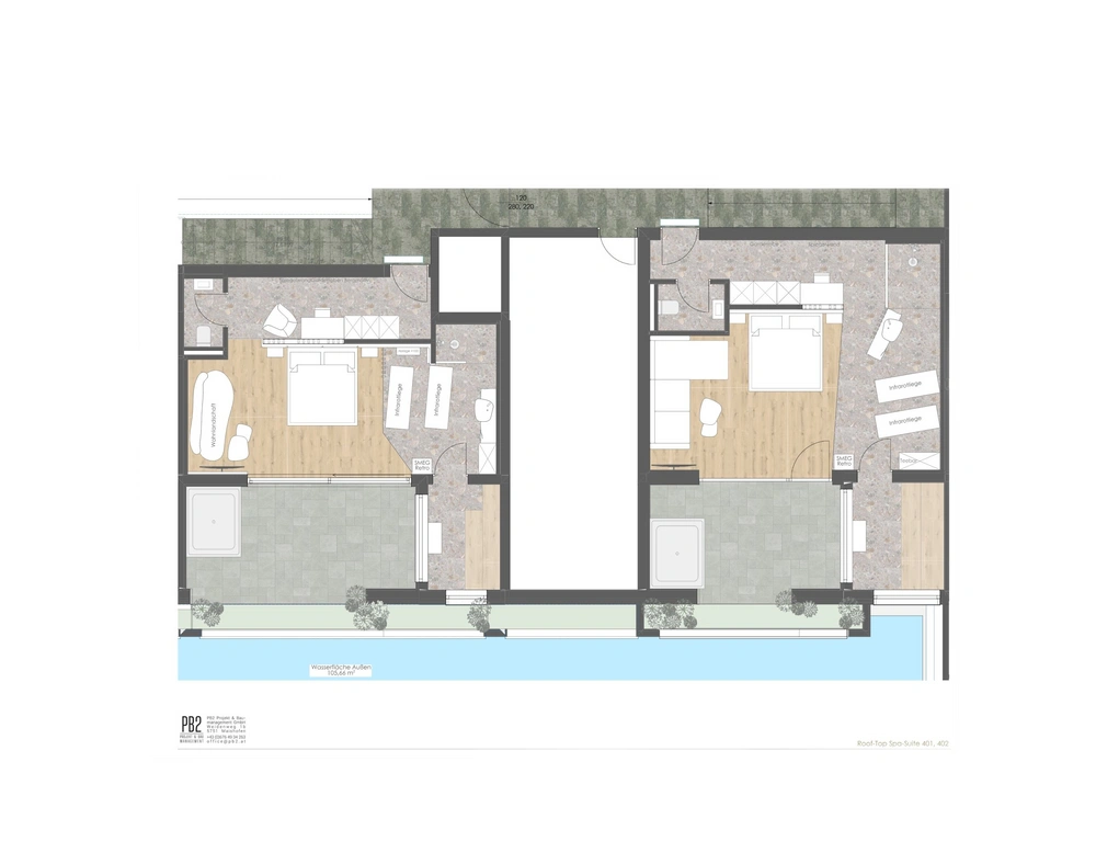 Grundriss einer Dachterrassen-Suite mit Schlafzimmer, Bad und Außenbereich mit Pool