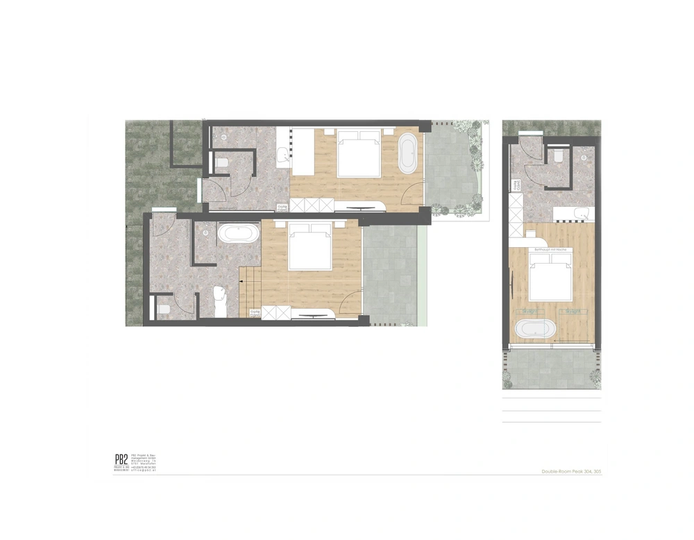 Double Room Peak Floor plan of double rooms with bedroom, bathroom, and terrace