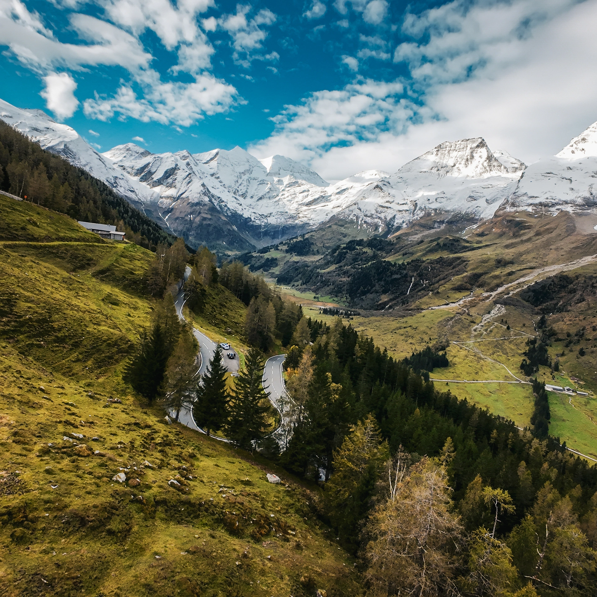 Berglandschaft mit schneebedeckten Gipfeln, grünen Wiesen und kurviger Straße
