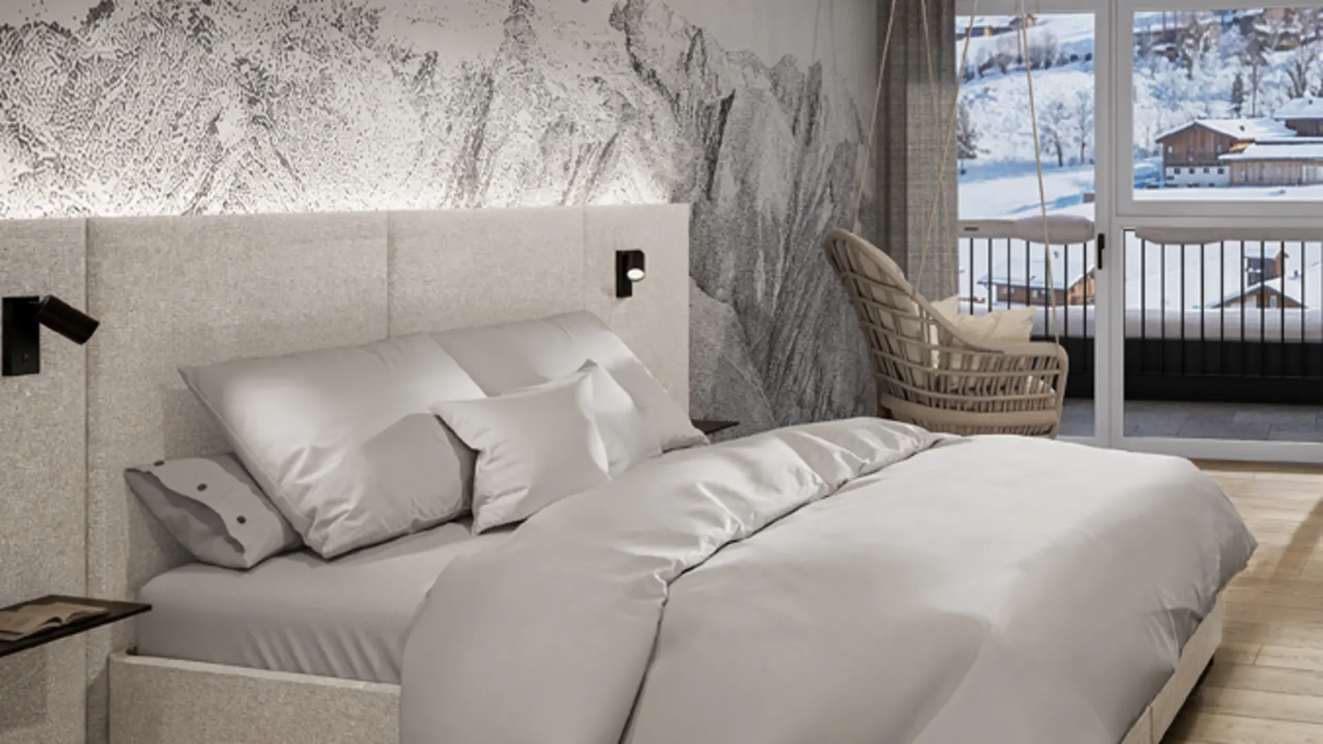Modernes Schlafzimmer mit großem Bett und Blick auf verschneite Berge