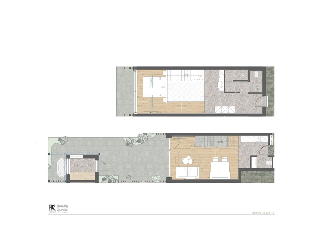 Signature Spa Suite Floor plan of a two-story suite with bedroom, living room, and bathroom