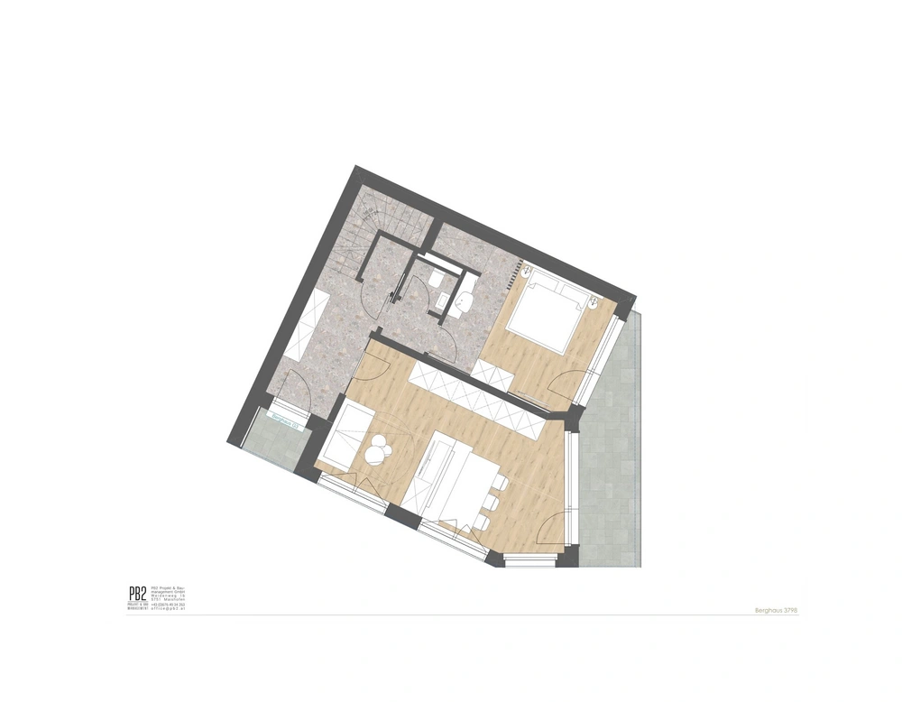 Grundriss einer Wohnung mit Schlafzimmer, Wohnzimmer, Bad und Balkon