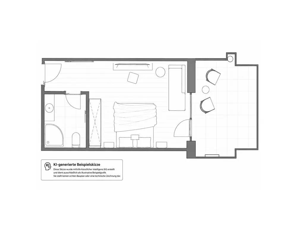 BergHaus 3798 Grundriss eines Hotelzimmers mit Bad, Bett, Sofa und Balkon mit Stühlen