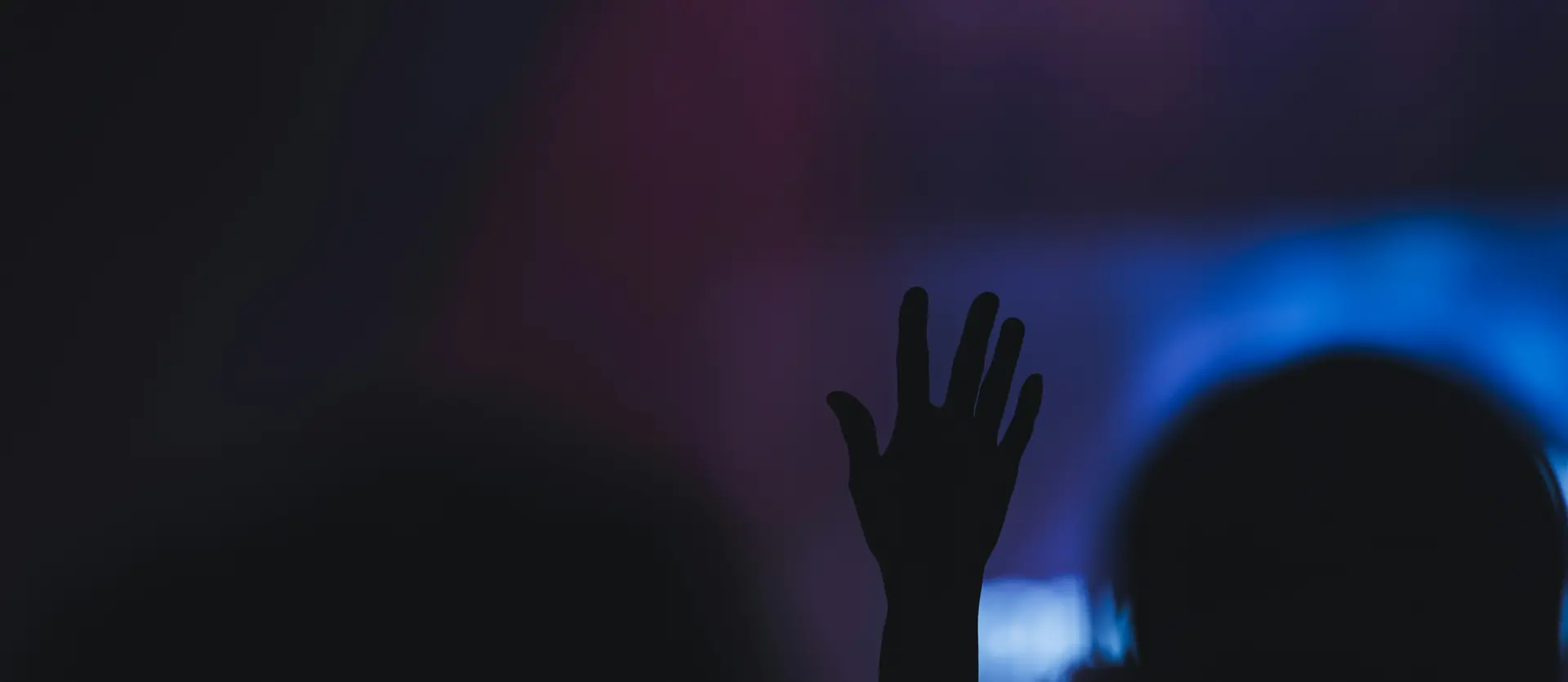 The business hotel in the Salzburg region Black silhouette of a raised hand against colorful stage lighting