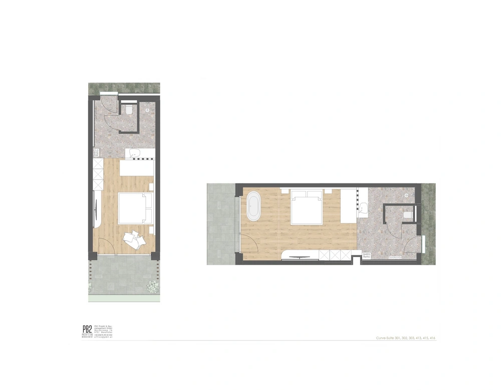 Floor plan of two hotel rooms with bedroom, bathroom, and balcony