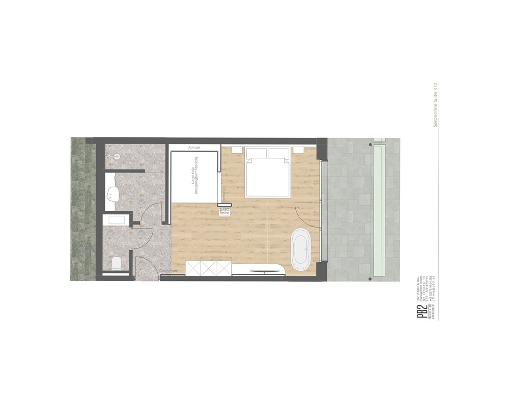 Grundriss einer Suite mit Schlafzimmer, Bad und Terrasse