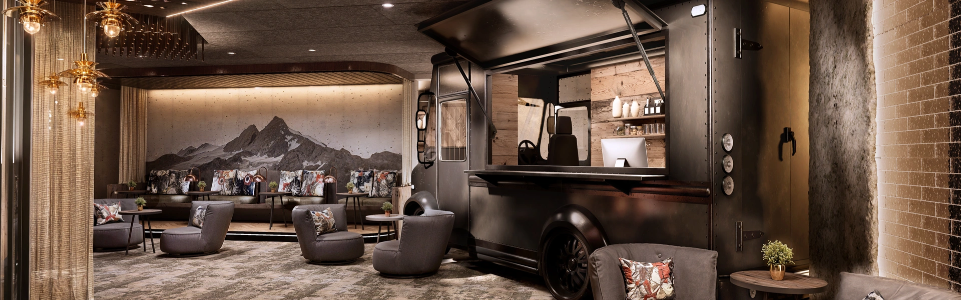 Ab Dezember 2026: glockna – das wohl coolste Hotel in Fusch Moderne Hotellobby mit gemütlichen Sesseln und einem schwarzen Foodtruck als Bar