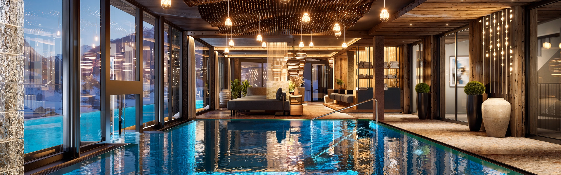 Ab Dezember 2026: glockna – das wohl coolste Hotel in Fusch Moderner Innenpool mit Holzdecke und großen Fenstern mit Bergblick