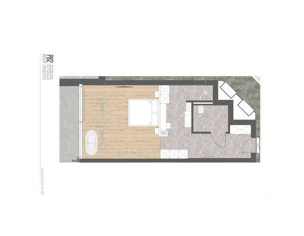 Grundriss einer Suite mit Schlafzimmer, Bad und Balkon