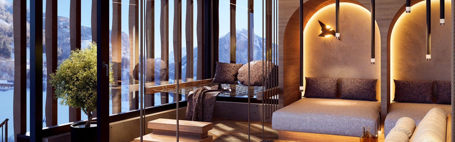 Ab Dezember 2026: glockna – das wohl coolste Hotel in Fusch Modernes Wohnzimmer mit großen Fenstern und Bergblick