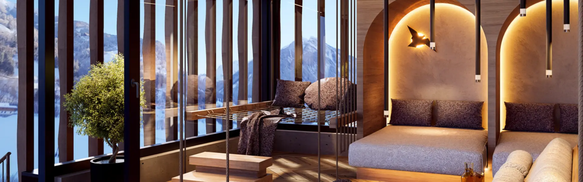 Modernes Wohnzimmer mit großen Fenstern und Bergblick