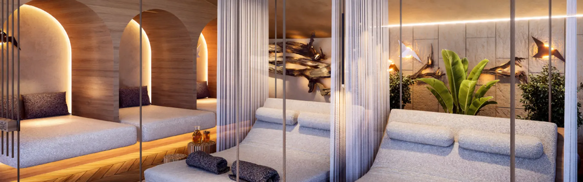 Entspannungsbereich mit Hängeliegen und gemütlichen Nischen mit Beleuchtung