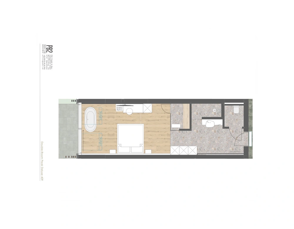 Floor plan of a double room with bathtub, bed, and bathroom