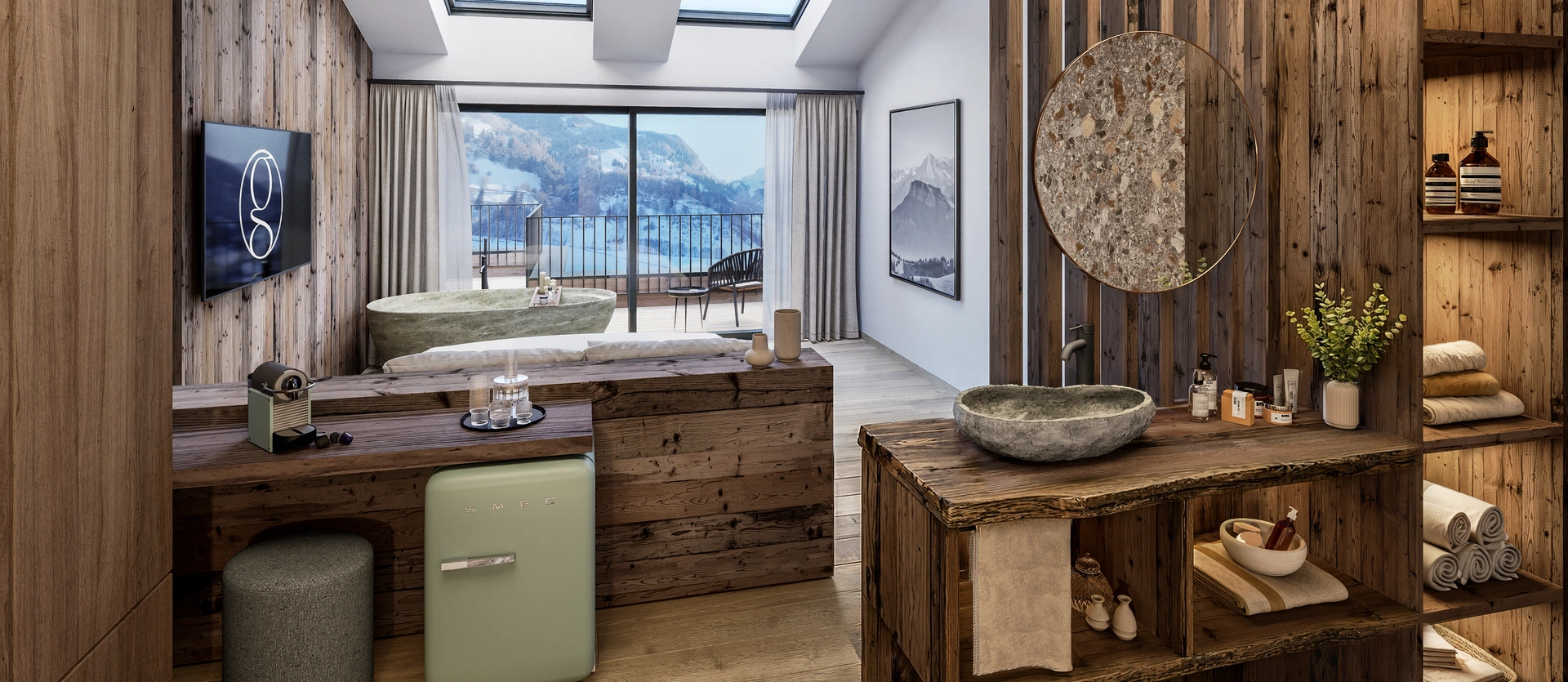 Ab Dezember 2026: glockna – das wohl coolste Hotel in Fusch Moderne Hotelzimmer mit Holzmöbeln, Badewanne und Bergblick durch Fenster