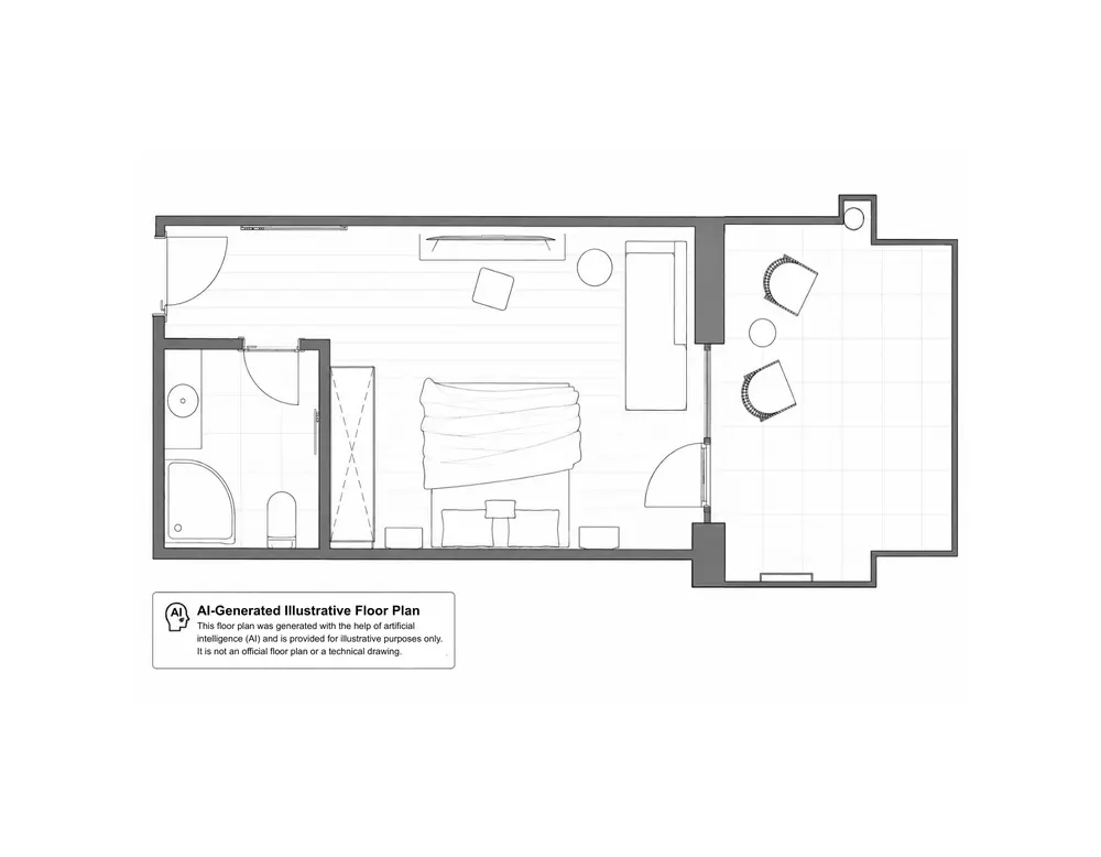 BergHaus 3770 Floor plan of a hotel room with bed, bathroom, and balcony with two chairs