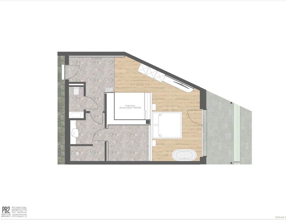 Floor plan of Deluxe Suite 414 with bedroom, bathroom, and terrace