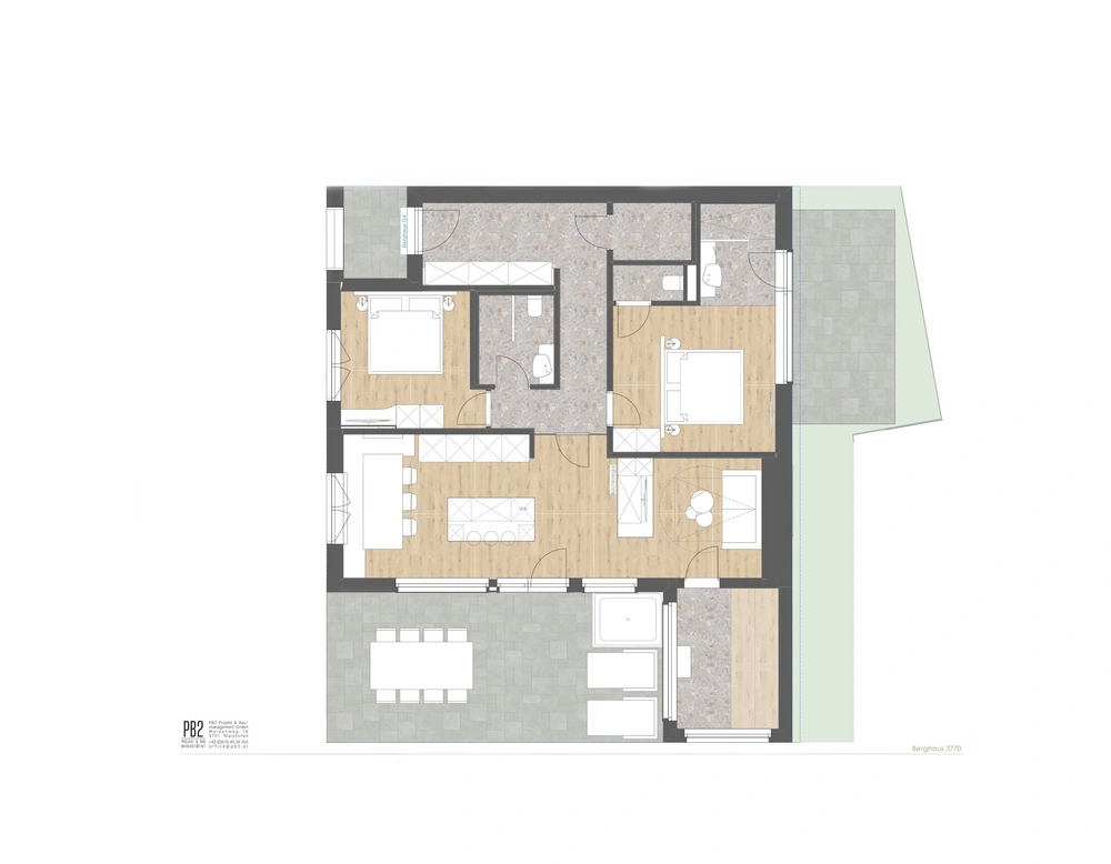 BergHaus 3770 Floor plan of an apartment with two bedrooms, kitchen, and terrace