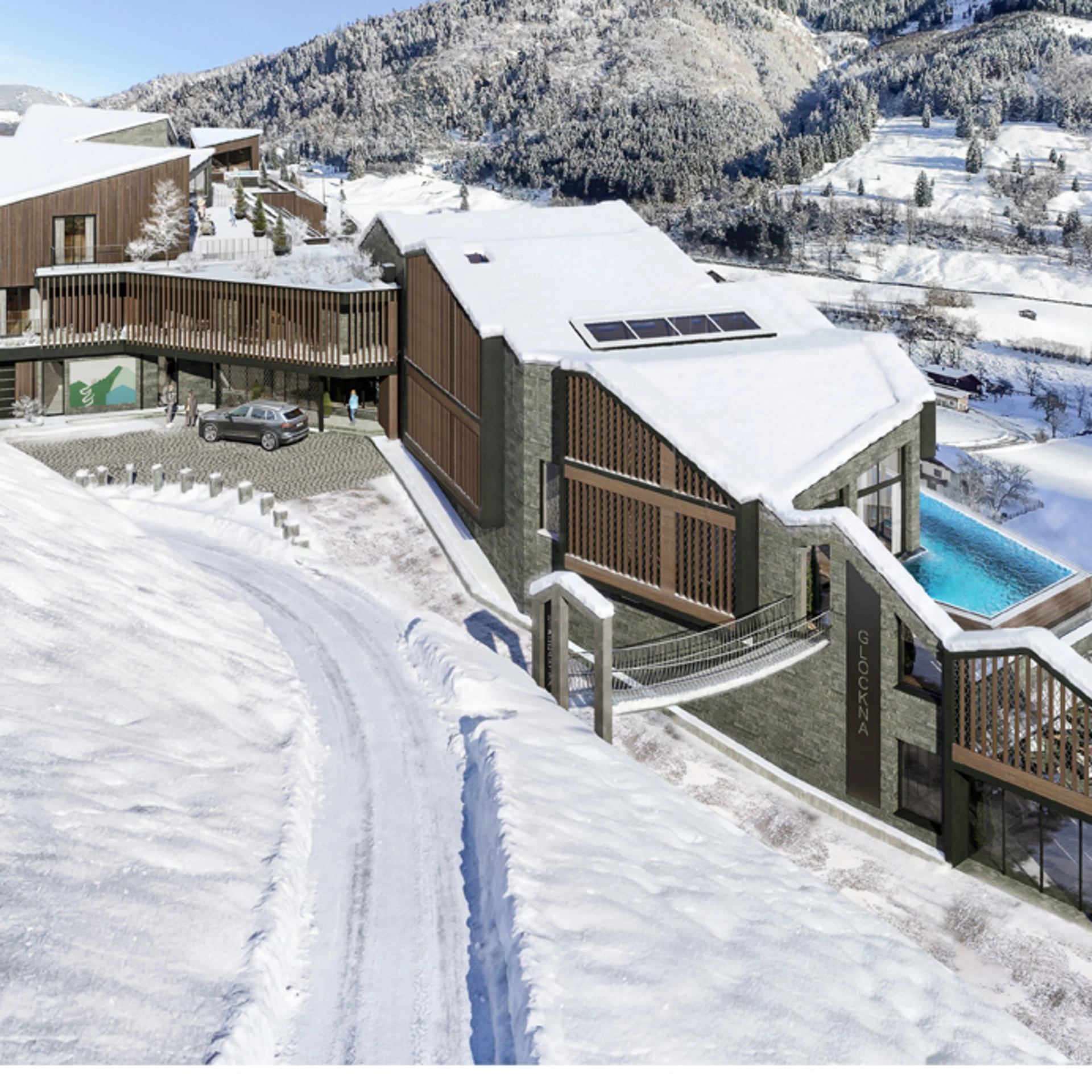 Moderne Berghotelanlage mit Schnee, Pool und Bergen im Winter