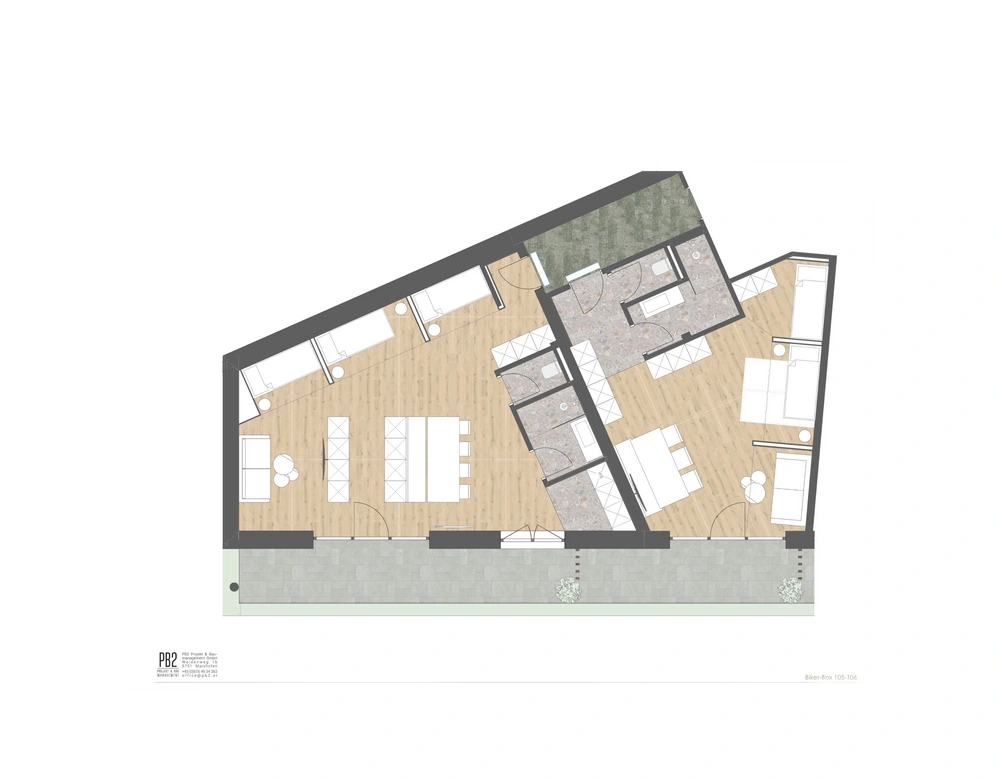 Grundriss einer Wohnung mit zwei Schlafzimmern, zwei Badezimmern und Balkon