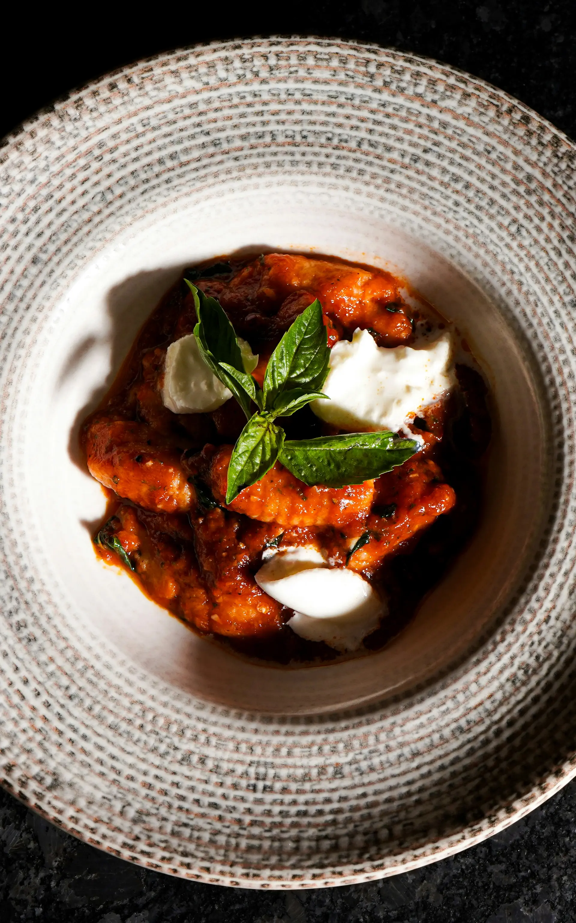 Gnocchi mit Tomatensauce, Mozzarella und Basilikum in einem gemusterten Teller