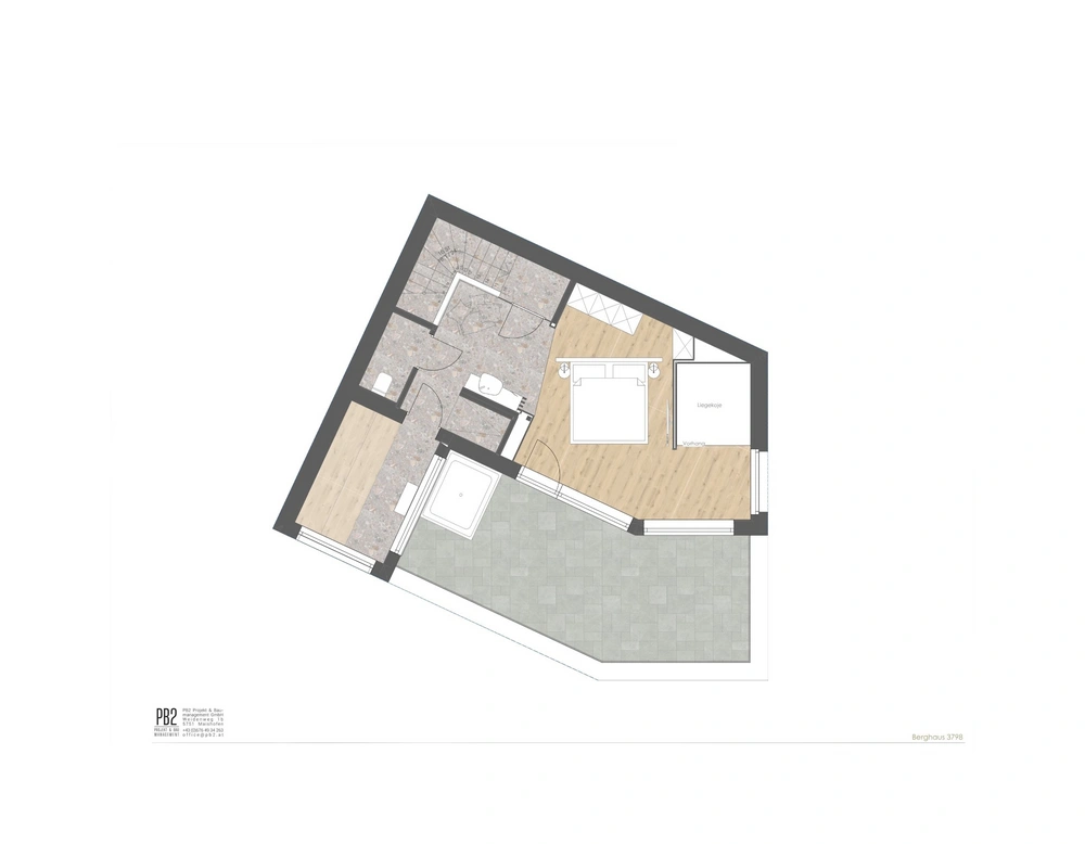 Grundriss eines Hotelzimmers mit Schlafzimmer, Bad und Terrasse