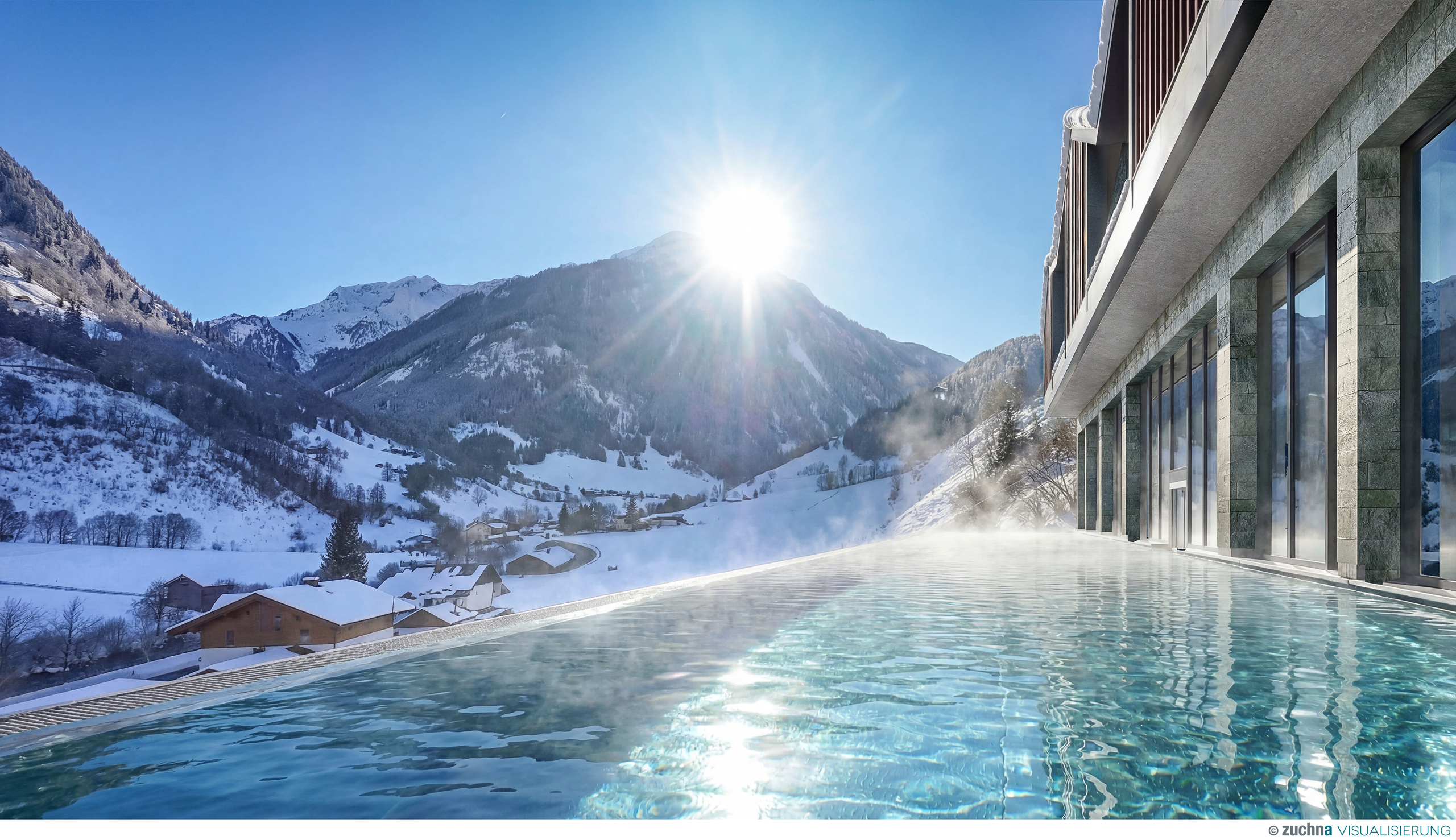 Infinity-Pool mit Bergblick und Sonnenschein in verschneiter Winterlandschaft
