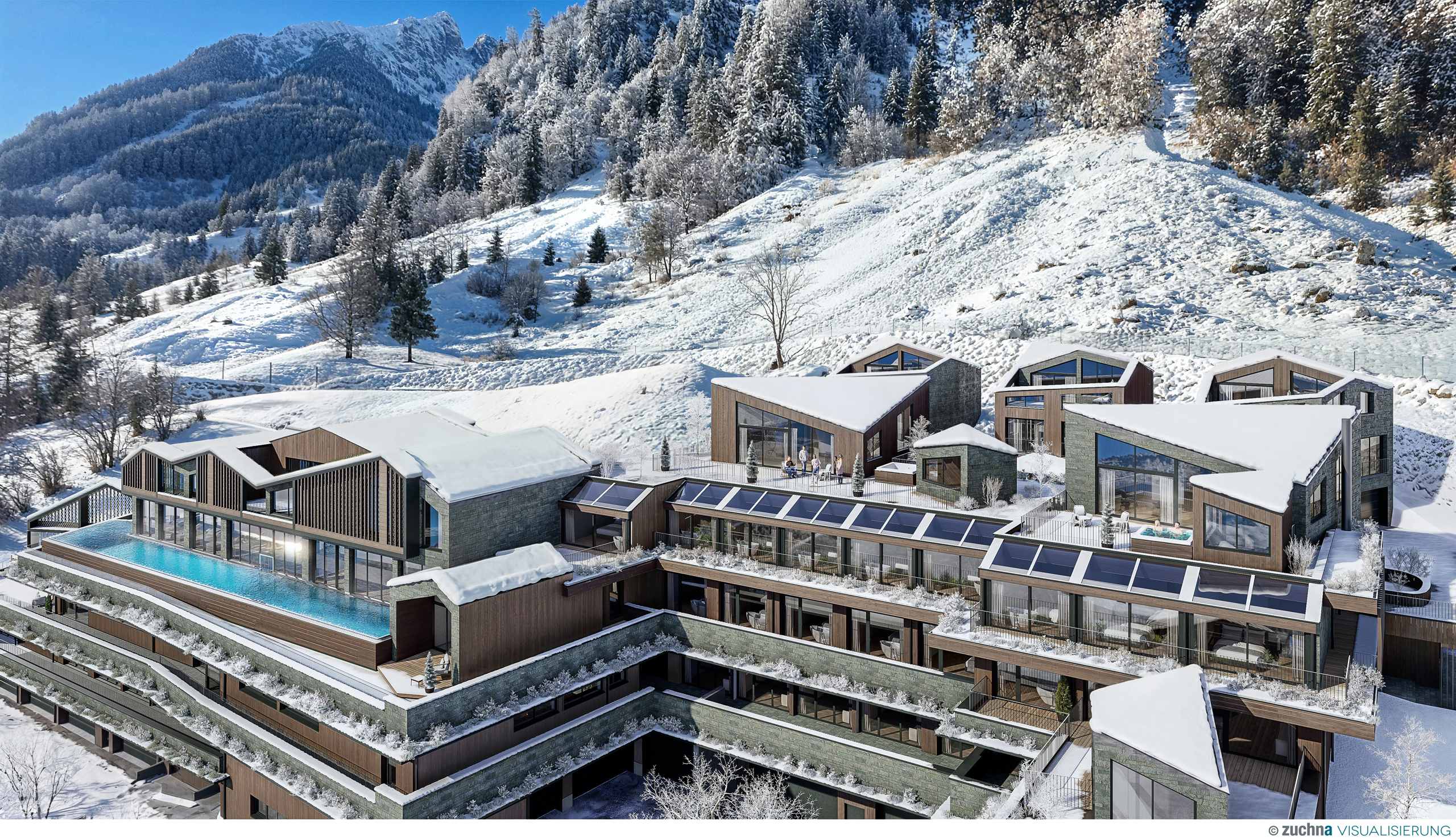 Übernachtung an der Großglockner Hochalpenstraße Modernes Hotel mit Außenpool in verschneiter Berglandschaft